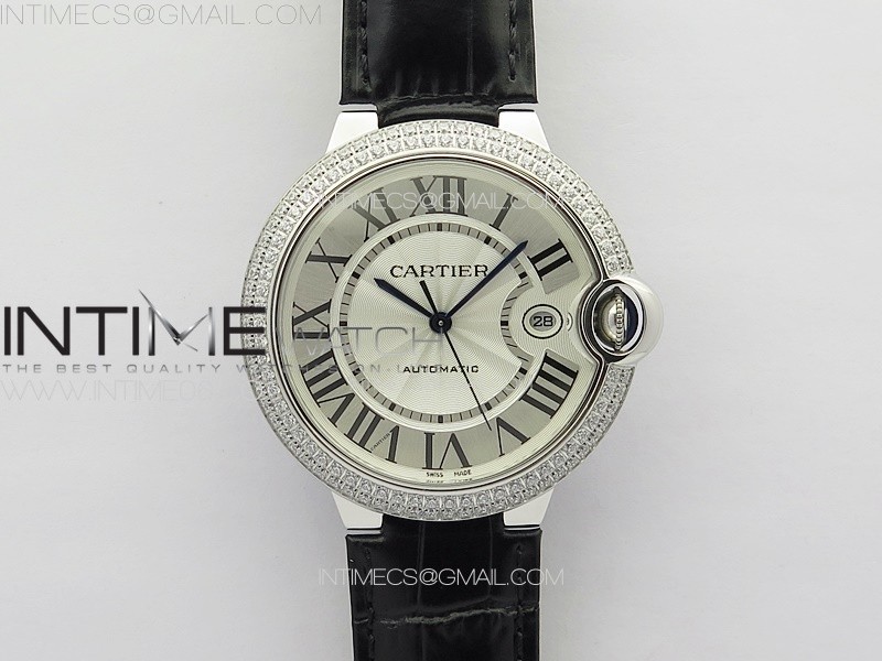 Ballon Bleu 42mm Diamonds Bezel SS 3KF 1:1 Best Edition White Texture Dial on Black Leather Strap A2824