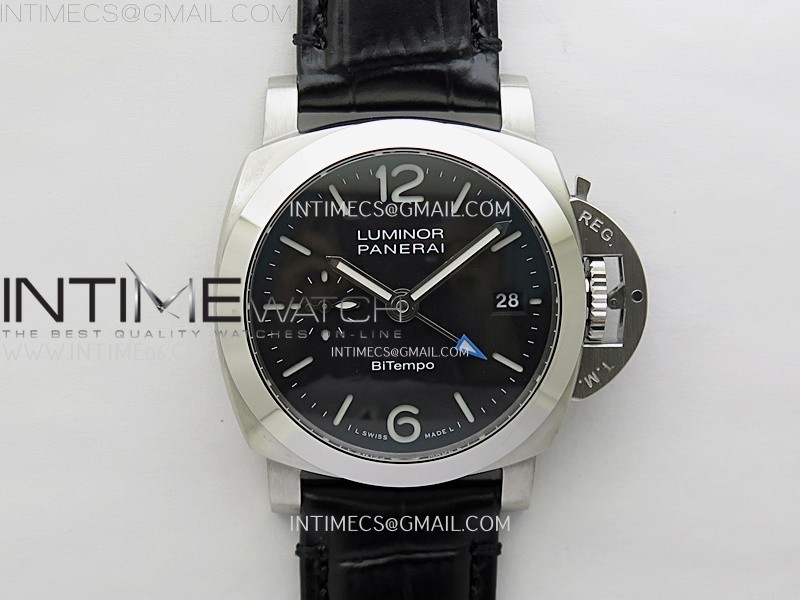PAM1365 Z GMT SS VSF 1:1 Best Edition Black Dial on Black Leather Strap Asian P900