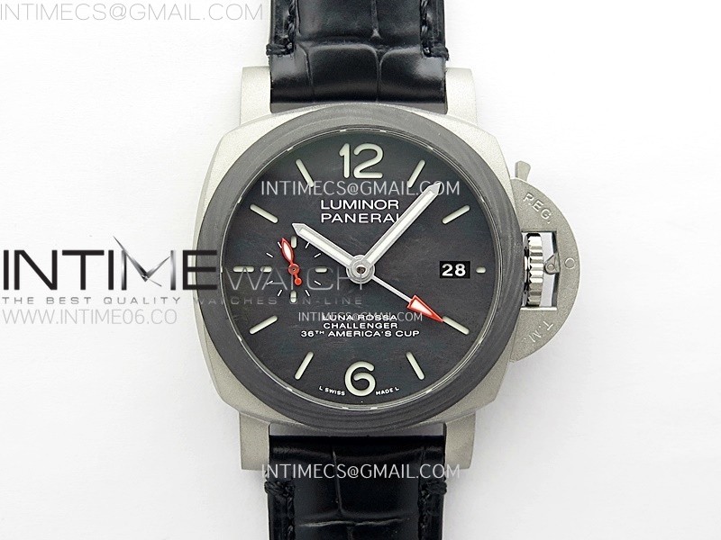 PAM1096 W Luminor GMT 42mm Titanium VSF 1:1 Best Edition Black Dial on Black Leather Strap P.9011 Super Clone