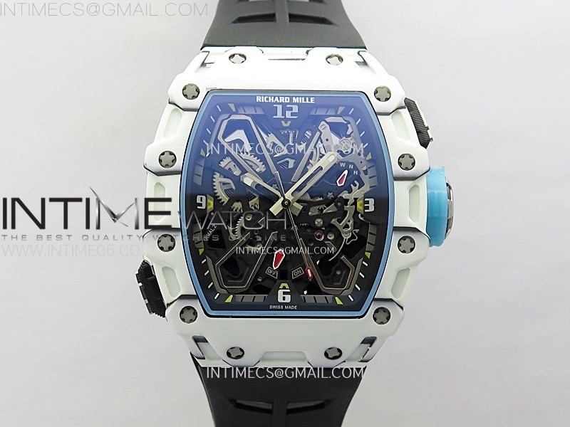 RM035-03 White Carbon/Blue Crown Z Factory Skeleton Dial on Black Rubber Strap Asian Skeleton movement
