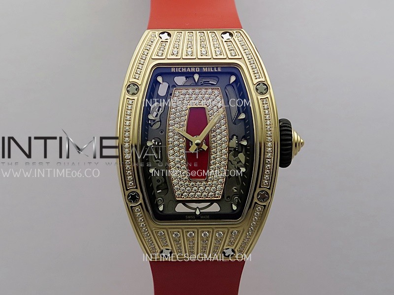 RM07 Paved Diamonds Bezel RG ZF Best Edition Diamonds Skeleton Dial On Red Rubber Strap Asian CRMA2 Clone