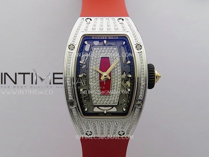 RM07 Paved Diamonds Bezel SS ZF Best Edition Diamonds Skeleton Dial On Red Rubber Strap Asian CRMA2 Clone
