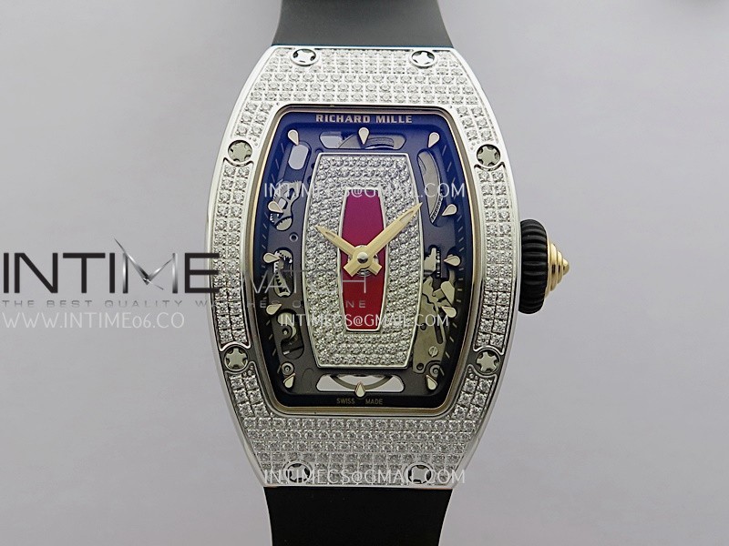 RM07 Full Paved Diamonds SS ZF Best Edition Red Diamond Skeleton Dial On Black Rubber Strap Asian CRMA2 Clone