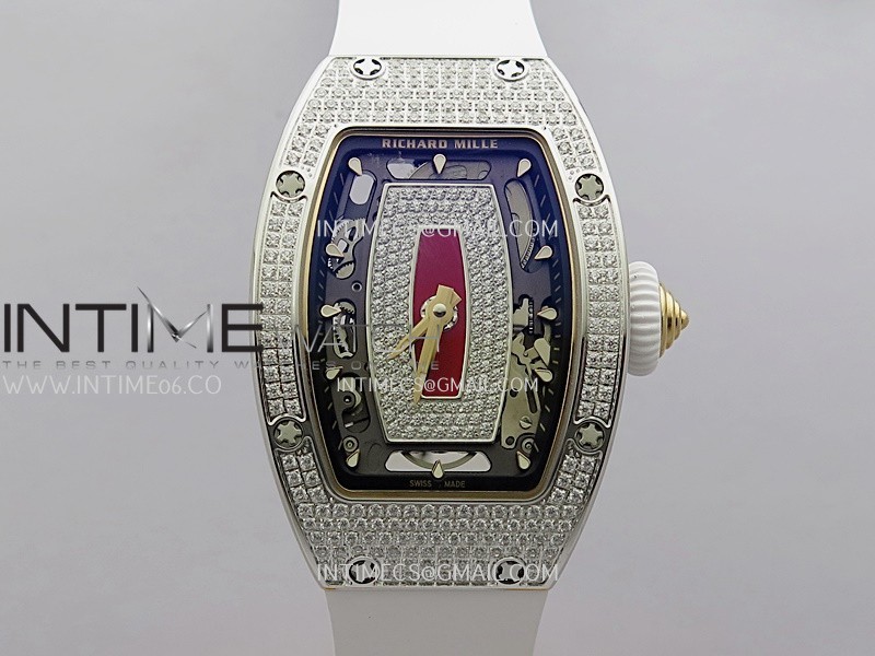 RM07 Full Paved Diamond SS ZF Best Edition Red Diamond Skeleton Dial On White Rubber Strap Asian CRMA2 Clone