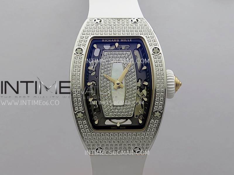RM07 Full Paved Diamond SS ZF Best Edition White Diamond Skeleton Dial On White Rubber Strap Asian CRMA2 Clone