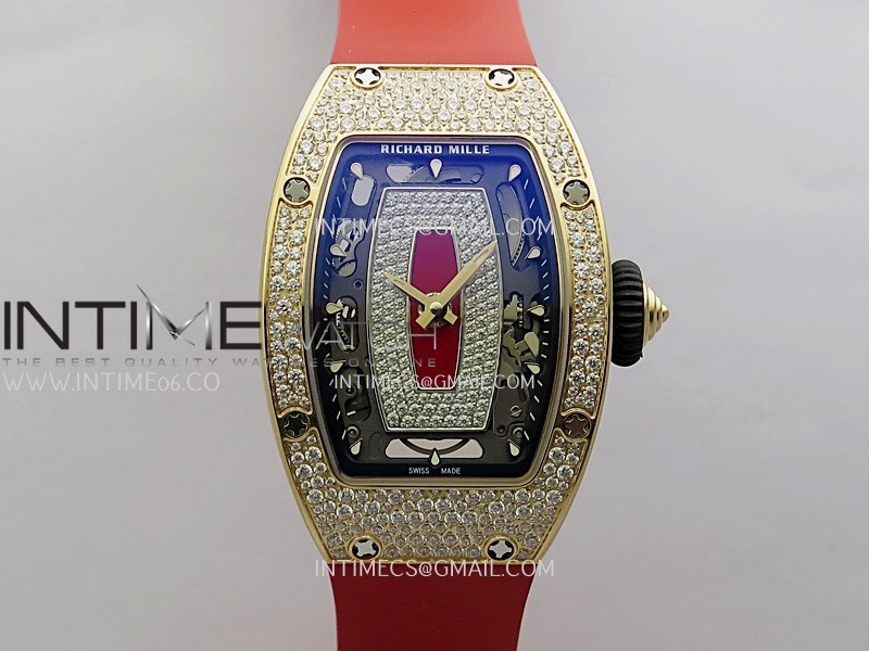 RM07 Paved Snowflake Cut Diamonds RG ZF Best Edition Red MOP Diamond Skeleton Dial On Red Rubber Strap Asian CRMA2 Clone