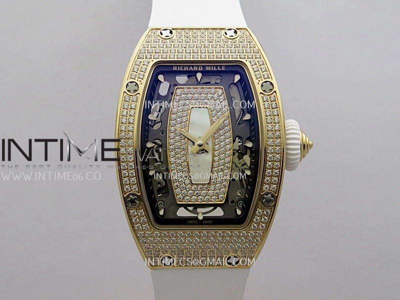 RM07 Paved Snowflake Cut Diamonds RG ZF Best Edition White MOP Diamond Skeleton Dial On White Rubber Strap Asian CRMA2 Clone