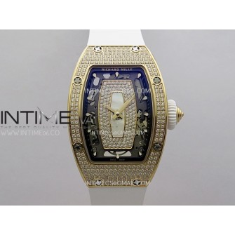 RM07 Paved Snowflake Cut Diamonds RG ZF Best Edition White MOP Diamond Skeleton Dial On White Rubber Strap Asian CRMA2 Clone