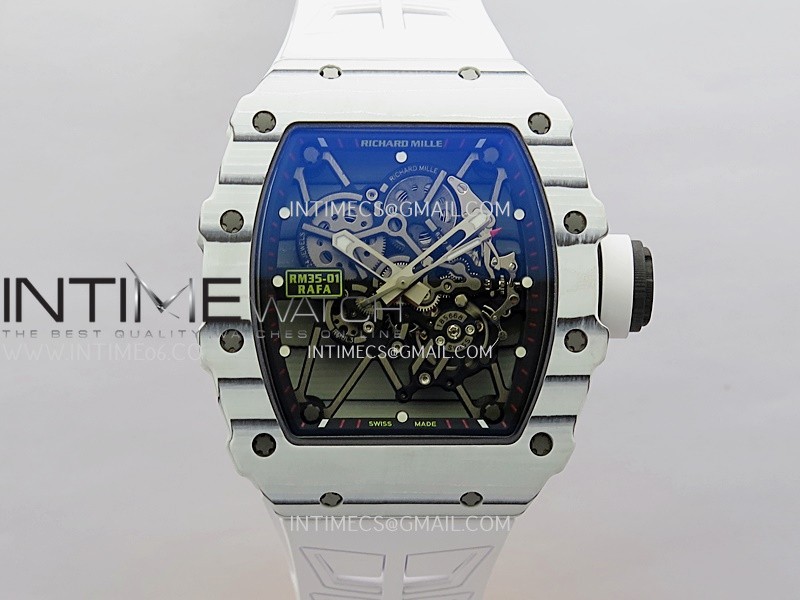 RM035-01 White Carbon ZF Best Edition Skeleton Dial On White Rubber Strap Super Clone RMUL2