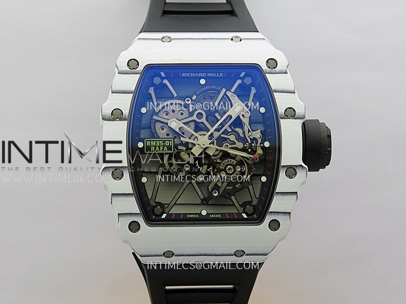 RM035-01 White Carbon ZF Best Edition Skeleton Dial On White Black Strap Super Clone RMUL2