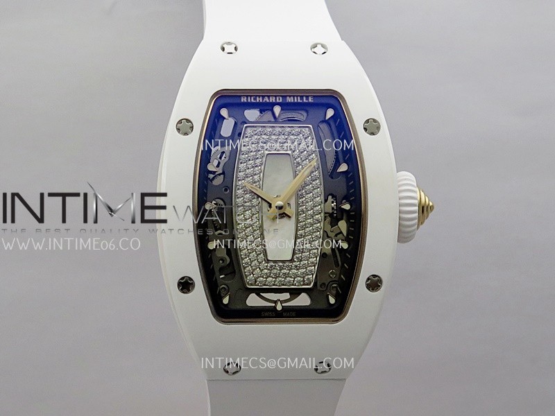 RM07 Real White Ceramic RG ZF Best Edition White MOP Diamond Skeleton Dial On White Rubber Strap Asian CRMA2 Clone