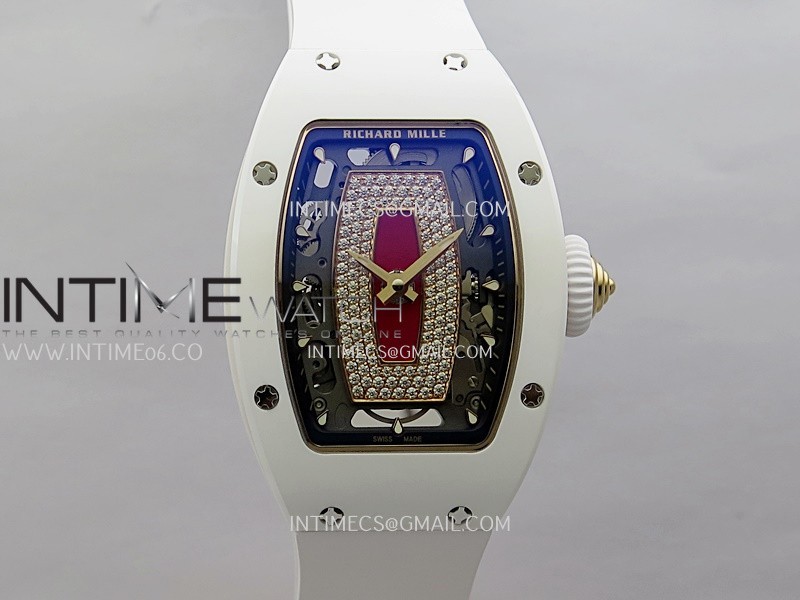 RM07 Real White Ceramic Bezel RG ZF Best Edition Red MOP Diamond Skeleton Dial On White Rubber Strap Asian CRMA2 Clone