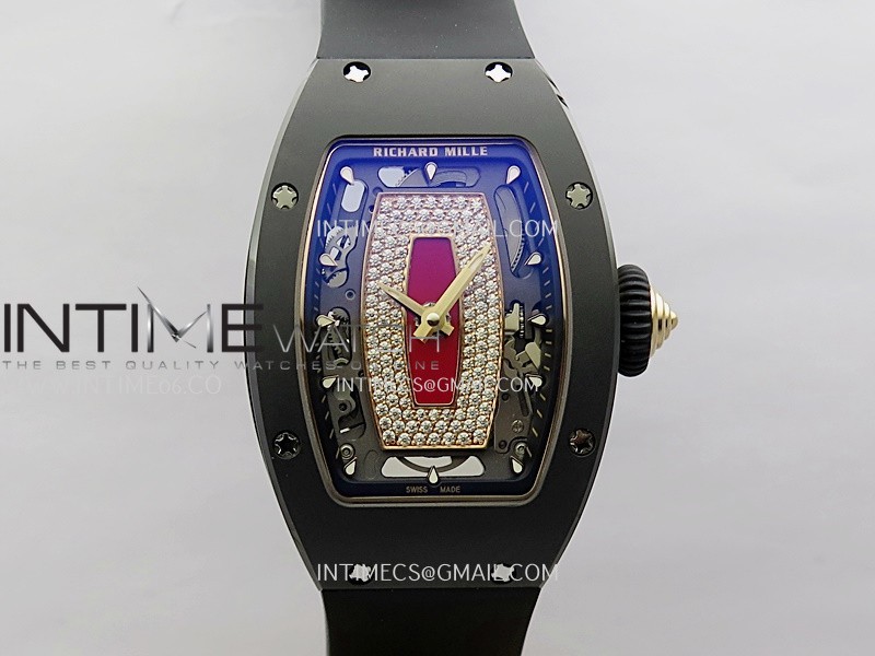 RM07 Real Black Ceramic RG ZF Best Edition Red MOP Diamond Skeleton Dial On Black Rubber Strap Asian CRMA2 Clone