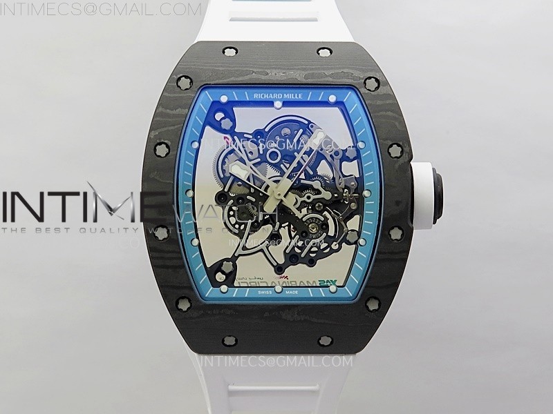 RM055 Blue Inner Bezel Black Crown NTPT/NTPT ZF 1:1 Best Edition on White Rubber Strap RMUL2 Super Clone