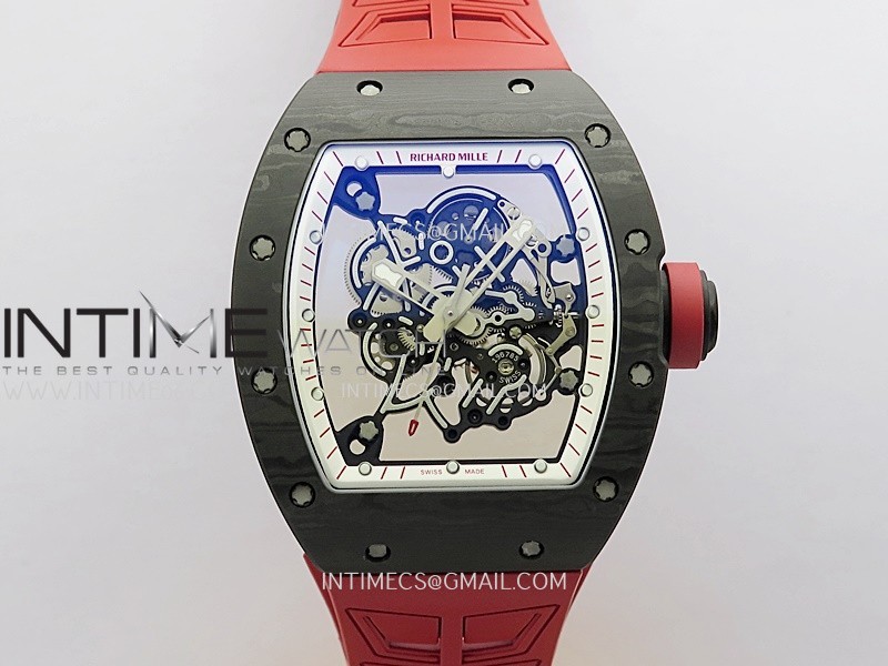 RM055 White Inner Bezel Red Crown NTPT ZF 1:1 Best Edition Skeleton Dial On Red Shark Rubber Strap RMUL2 Super Clone