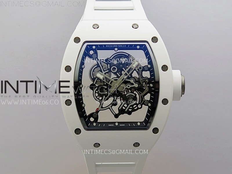 RM055 White Ceramic ZF 1:1 Best Edition Skeleton Dial On White Rubber Strap RMUL2 Super Clone
