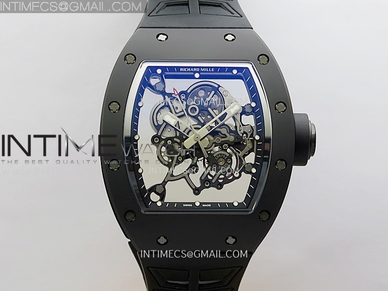 RM055 Black Crown And Inner Black Ceramic ZF 1:1 Best Edition Skeleton Dial On Black Rubber Strap RMUL2 Super Clone