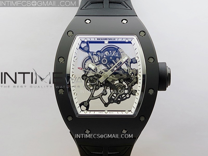 RM055 Black Crown White Inner Black Ceramic ZF 1:1 Best Edition Skeleton Dial On Black Rubber Strap RMUL2 Super Clone