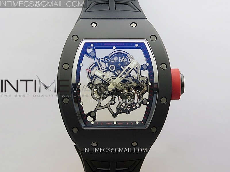 RM055 Red Crown Black Inner Black Ceramic ZF 1:1 Best Edition Skeleton Dial On Black Rubber Strap RMUL2 Super Clone