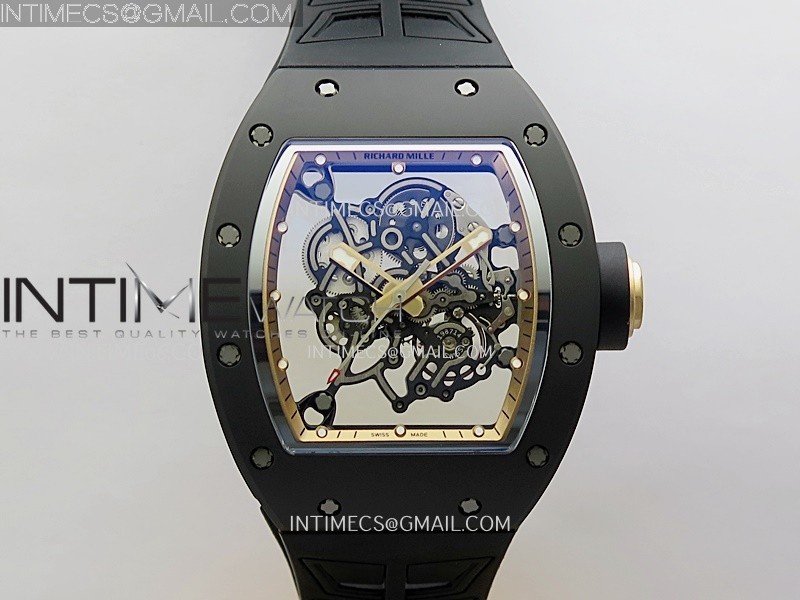 RM055 Black Crown RG Inner Black Ceramic ZF 1:1 Best Edition Skeleton Dial On Black Rubber Strap RMUL2 Super Clone